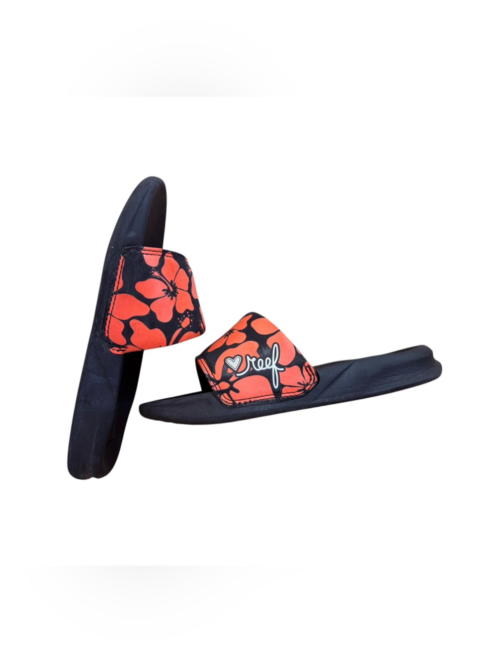 Reef Kids Black Slide Sandals with Coral Accent